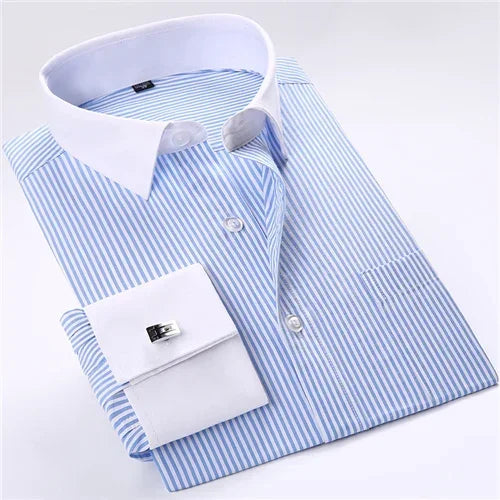 Men's Collar French Cuff Dress Shirts Business Contrast  Single Patch Pocket Regular-fit Long Sleeve Social Wedding Party Shirt