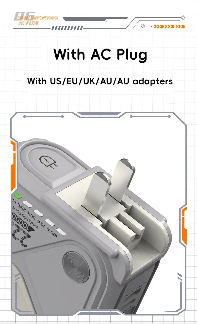 gray and orange multi-country AC plug adapter featuring a sleek modern design as part of the magnetic power bank 20000mAh fast wireless charger showcasing its advanced power bank feature.