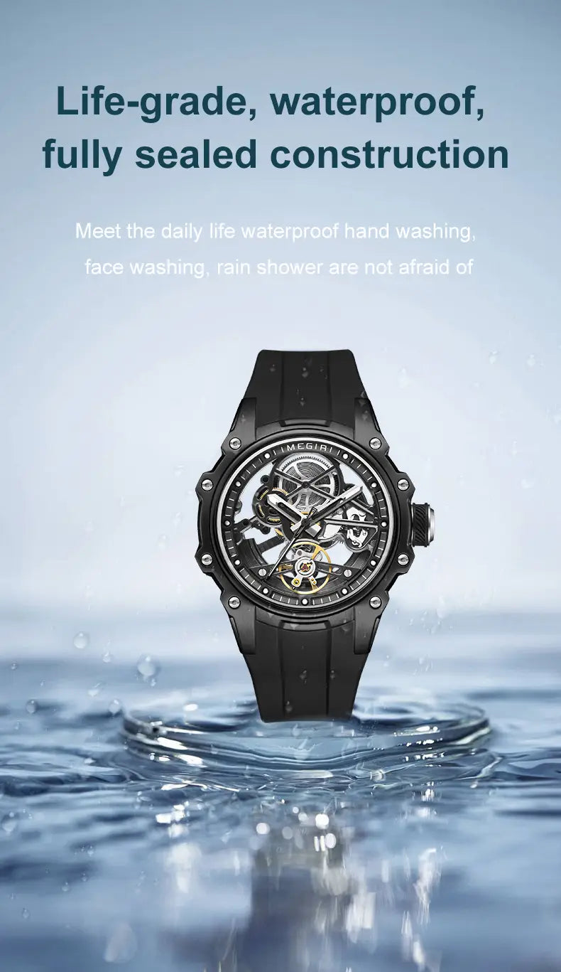 Megir automatic skeleton watch with a black rugged fully sealed case and visible mechanical gears paired with a white silicone strap.