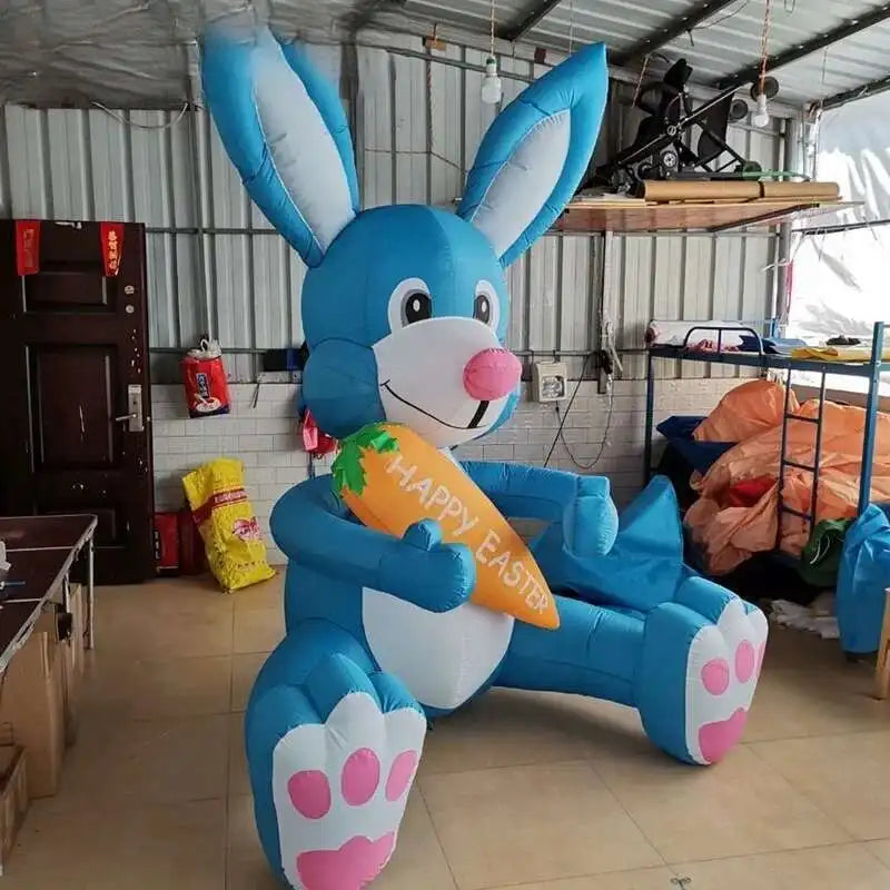 Easter Blue Bunny Holding Carrot, Iatable Cartoon Rabbit With Blower For Holiday Event Doorway, Party Decoration