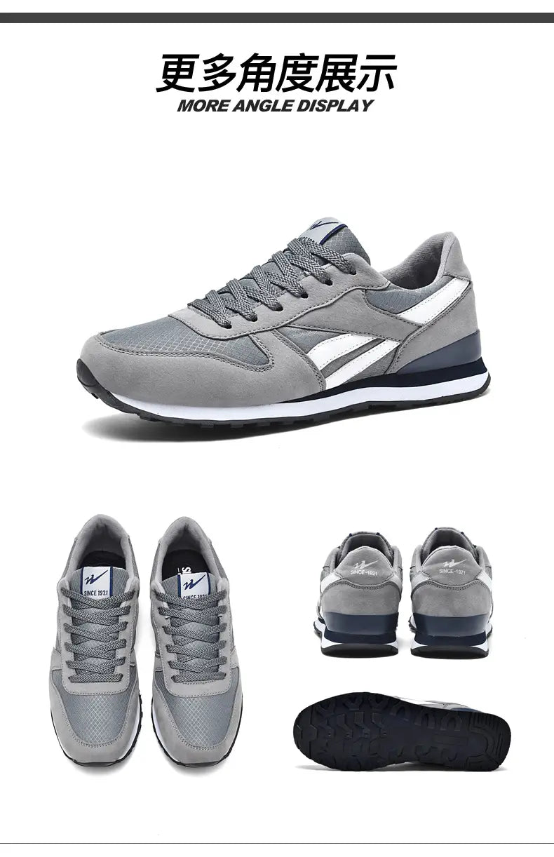 Herrenfreizeitsneaker in Grau und Weiß zum Gehen mit Mesh-Obermaterial, Wildleder-Akzenten und schwarzer Gummisohle.