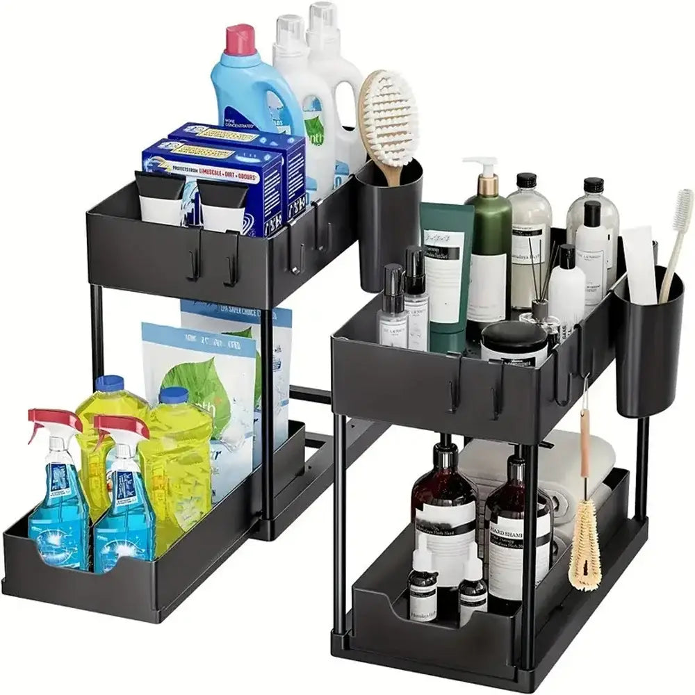 black two-tier sliding bathroom organizer with integrated cup holders and hooks made in mainland china for under sink storage and organization
