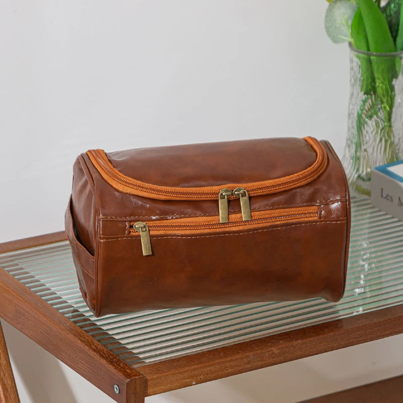Leather Travel Toiletry Bag for Men Women, Large Capacity Cosmetic Organizer with Hanging Hook, Waterproof Makeup Storage Bag Po