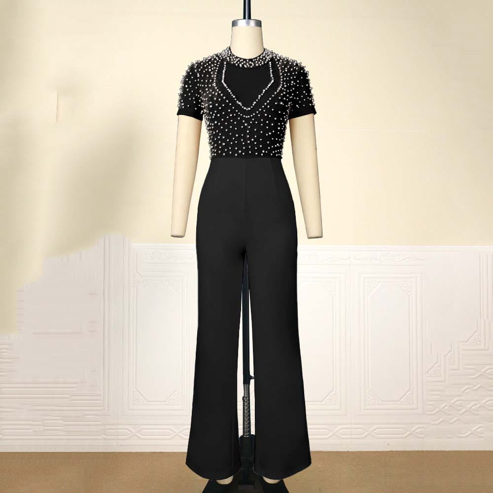 black jumpsuit featuring a beaded short-sleeved mesh top and high-waisted wide-leg pants suitable for party wear