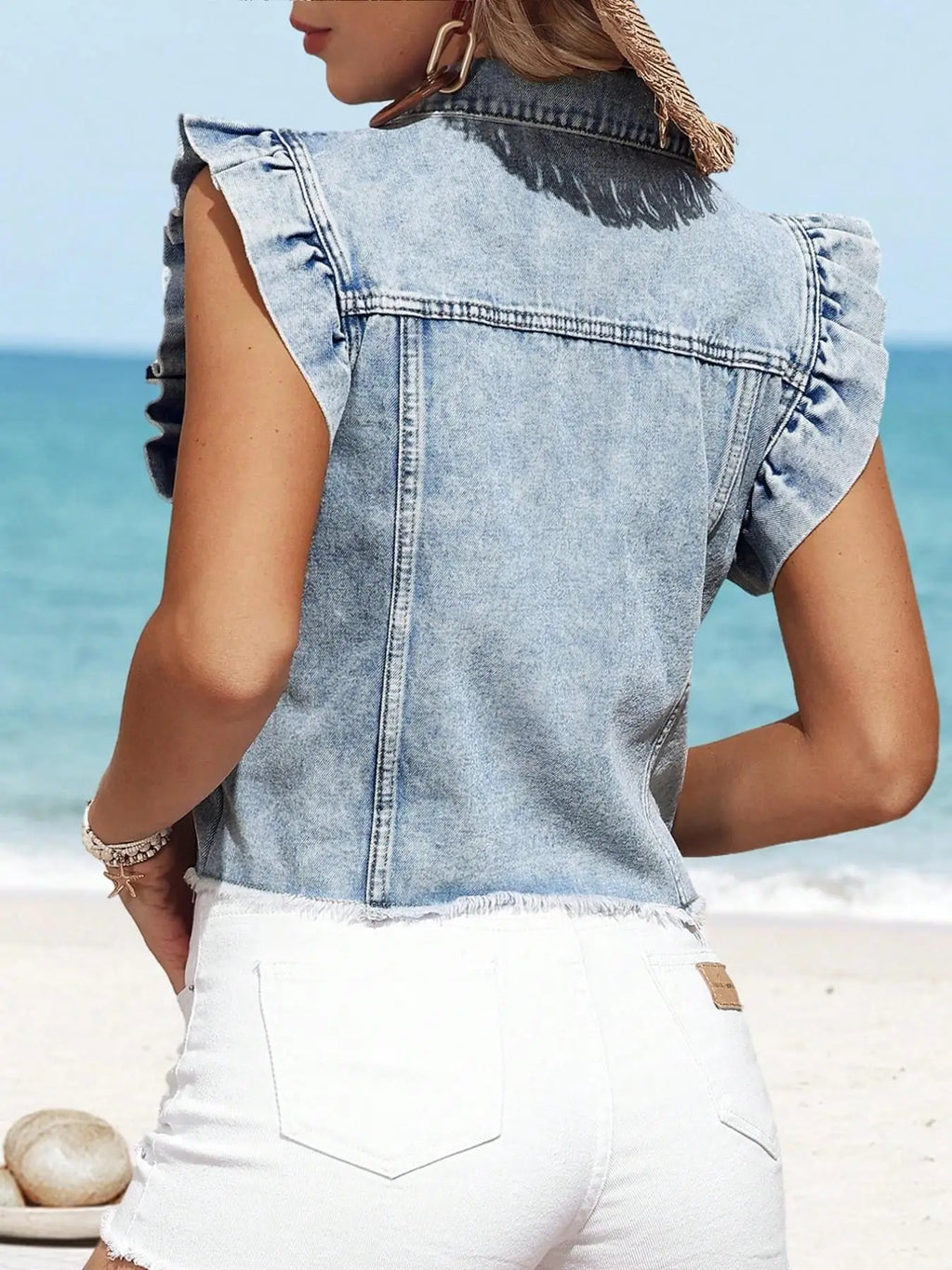 Women's Ruffle Sleeve Denim Vest, Short Sleeveless Frayed Hem Jean Jacket, Casual Fashion Outerwear for Spring & Fall
