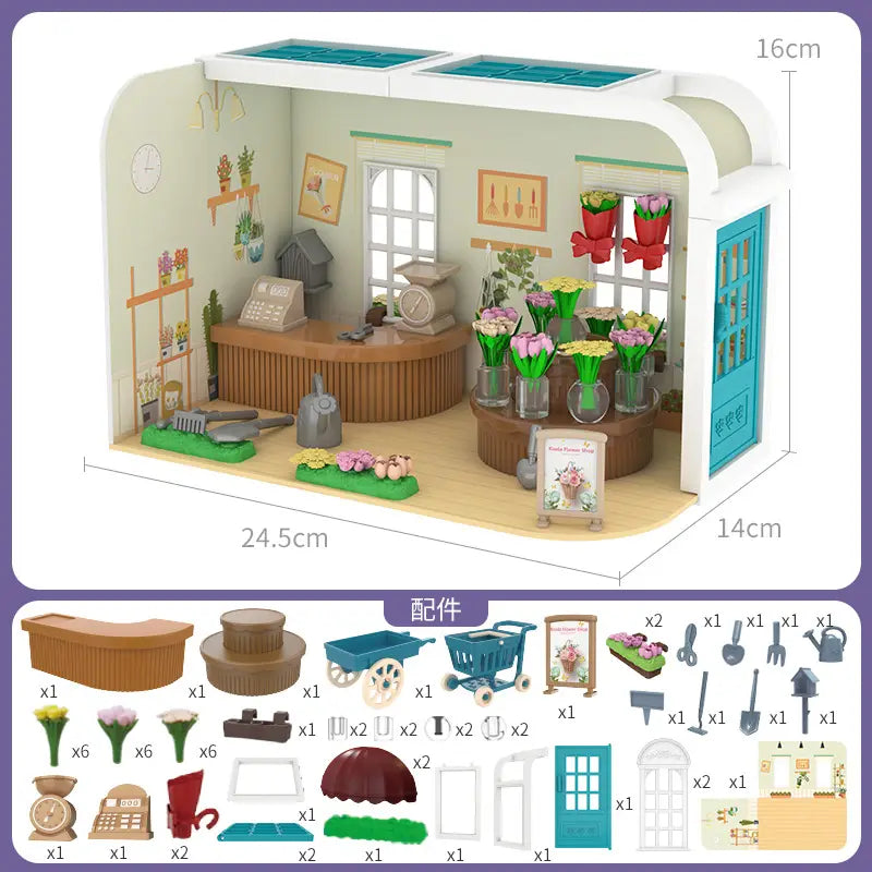 木製のカウンター、青いドア、さまざまなプラスチック製の花瓶、花、工具、家具アクセサリーを備えた、詳細なミニチュアフラワーショップが特徴のミニチュアドールハウス家具およびプレイセット玩具。