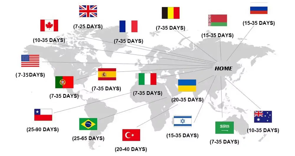 Mapa mundial en tonos grises con banderas de los países y estimaciones de tiempo de entrega mostradas junto con un abrigo cálido de perro de piel sintética, destacando su calidez y estilo.