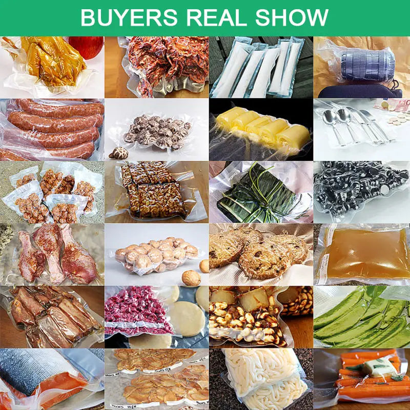 a variety of vacuum-sealed meats seafood vegetables and snacks stored in food vacuum sealer rolls 500cm storage bags for efficient food vacuum preservation