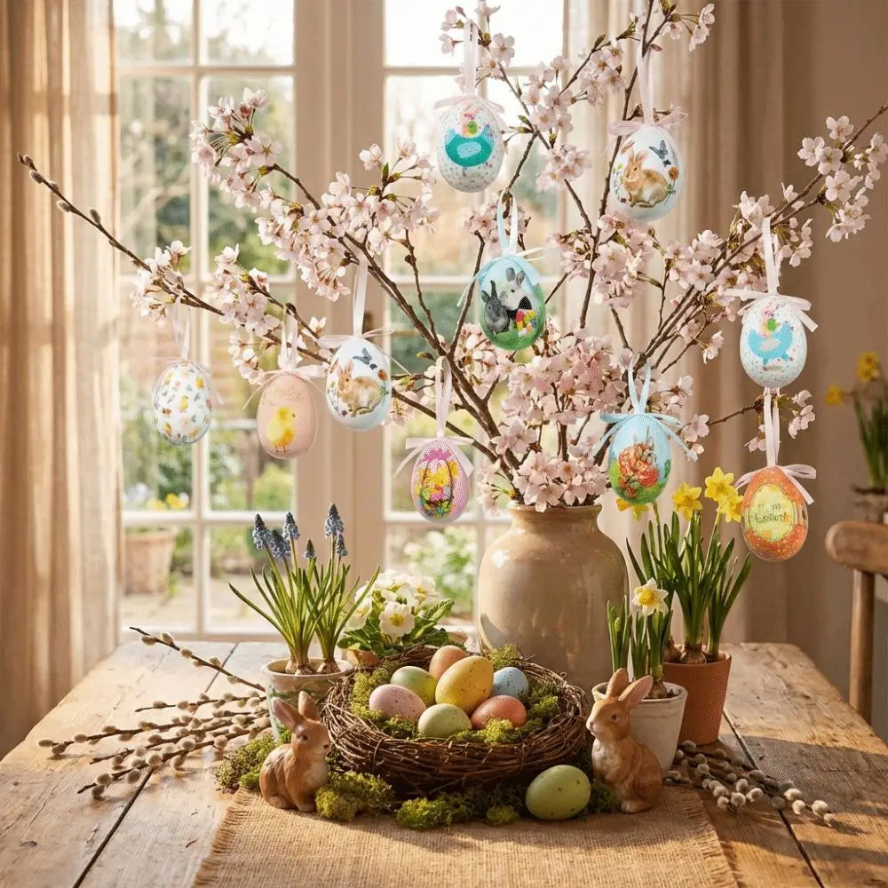 繊細なピンクの花で飾られ、プリントされた華やかなウサギと花のデザインを特徴とする、塗装済み発泡素材イースターエッグの吊り下げクラフト装飾が施された装飾的なイースターツリー。