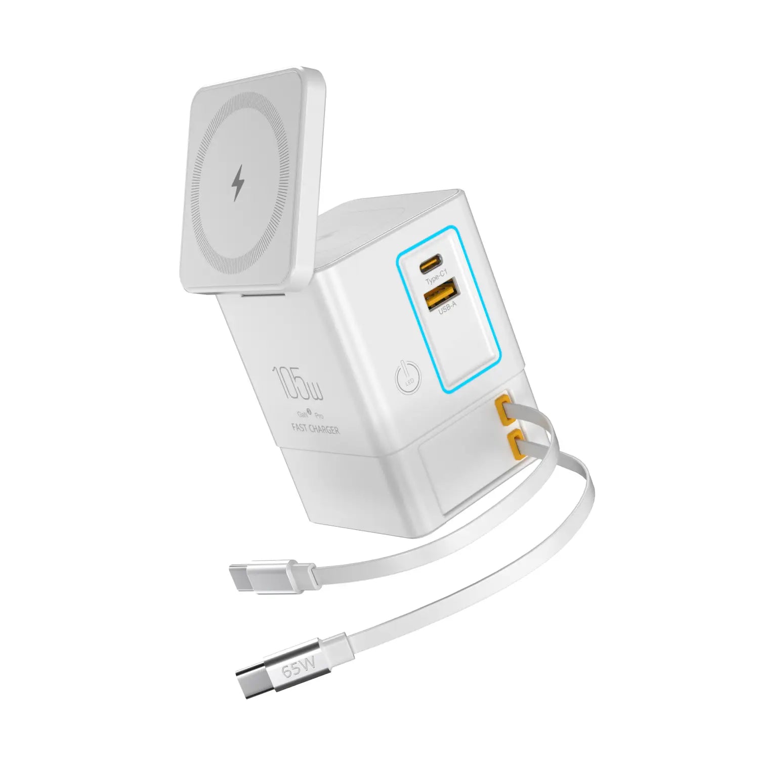 Adaptateur mural d’alimentation combinée 105 W blanc avec charge sans fil, ports USB-C et USB-A intégrés, présentant un design rectangulaire épuré, accompagné d’un câble blanc 65 W.