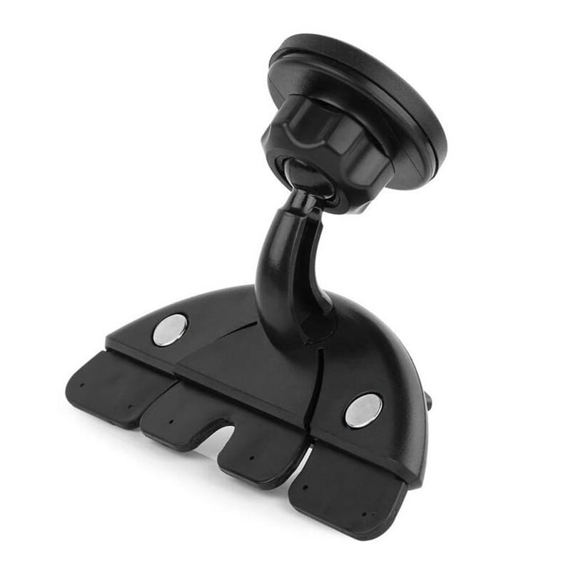 Black plastic magnetic cd slot car phone mount with suction cup base and adjustable arm designed for mini gps and iPhone use.