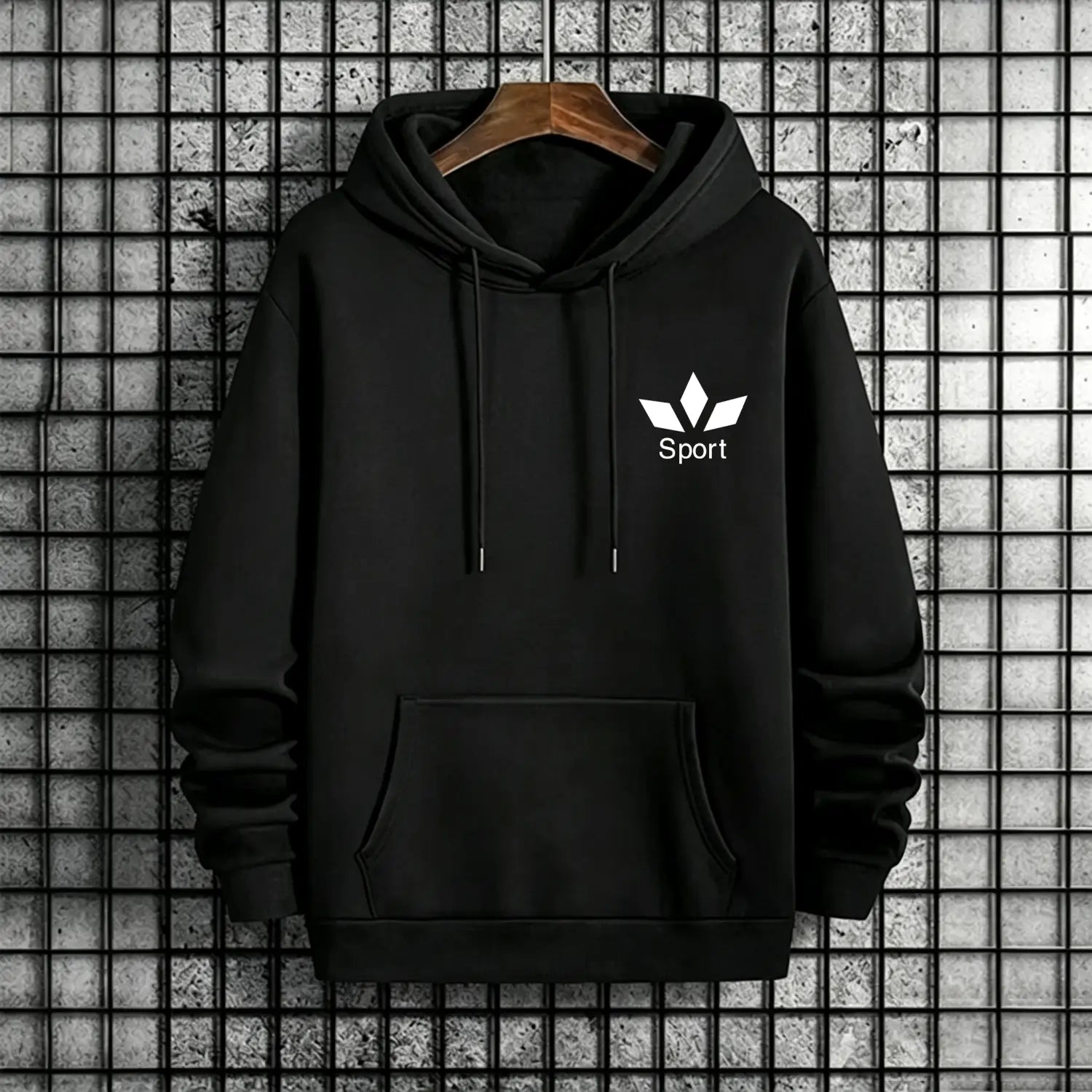 Black hoodie men activewear pullover sweatshirt with white adidas-style logo and sport text on the chest hanging on a wooden hanger.