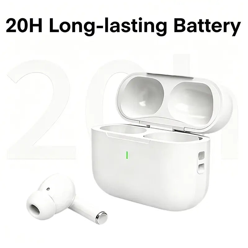Weiße In-Ear-TWS-Wireless-Bluetooth-Ohrhörer mit schlankem minimalistischen Design und metallischen Akzenten verfügen über das fortschrittliche Vokalisierungsprinzip sowie eine Lautstärkeregelung und sind neben einer passenden weißen Ladehülle angeordnet.