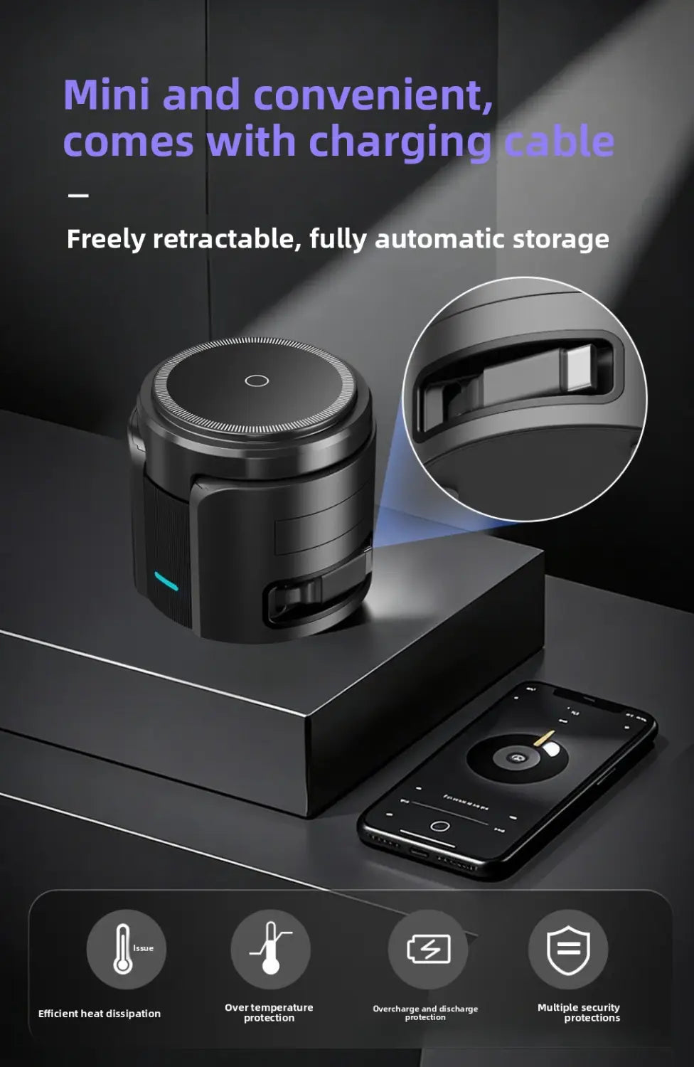 Schwarzes zylindrisches Wireless-Ladegerät mit elegantem, minimalistisches Design; mit ausziehbarem Ladekabel und blauem LED-Anzeige-Licht mit Fremdkörpererkennung.