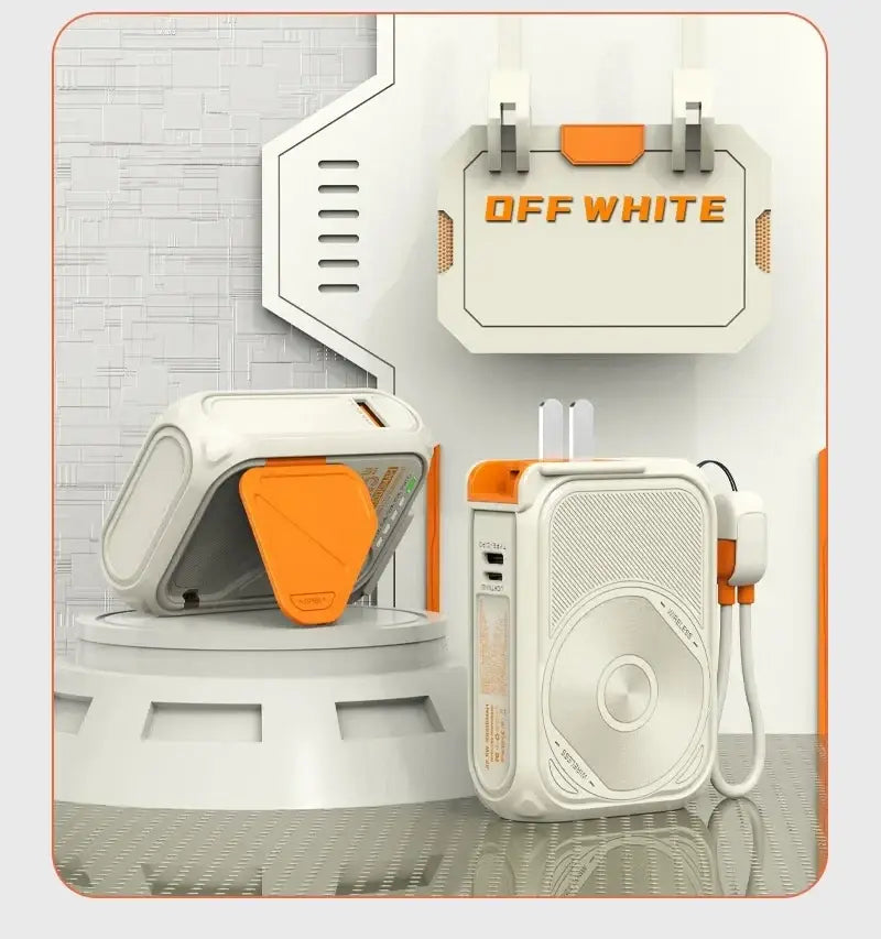white and orange portable speaker with sleek mesh grille and usb ports showcasing a power bank feature in the magnetic power bank 20000mah fast wireless charger product