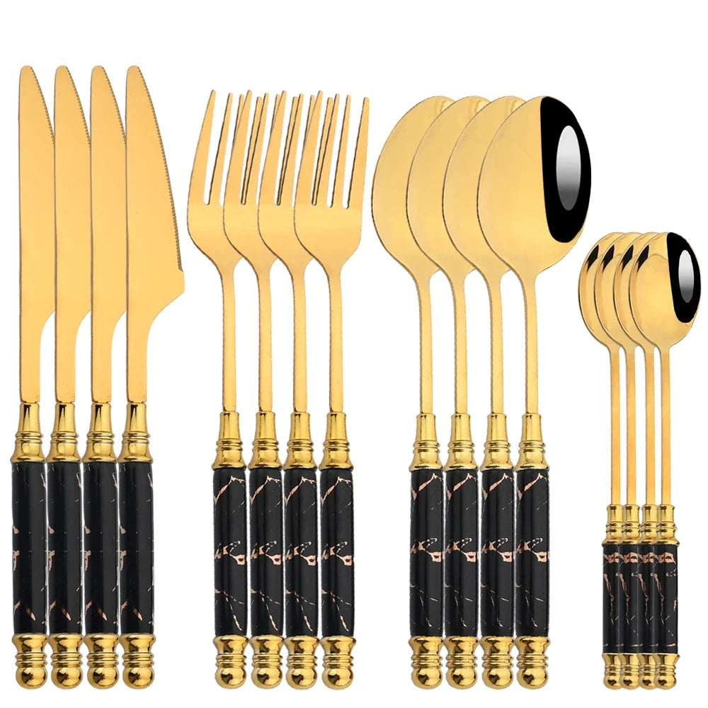 16Pcs Tableware Set Cutlery Set Mirror Ceramic Handle Gold Flatware Fork Spoon Knife Set Stainless Steel Dinnerware Dinner Set