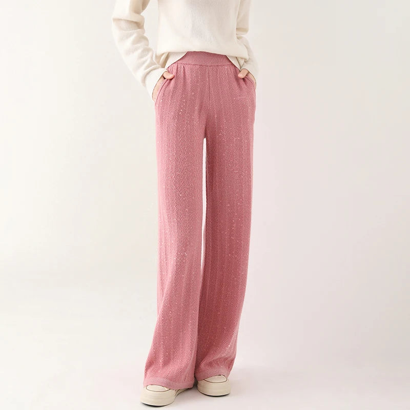 Women Wide-Leg Pants 100% Merino Wool Trousers New Collection High Quality Autumn Winter Soft Thick Female Pants