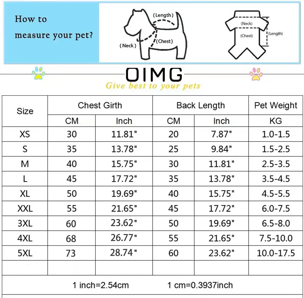 Tabla de tallas de Oimg para ropa de mascotas, con medidas de contorno de pecho, longitud de la espalda y peso para una chaqueta cálida de perro de piel sintética.