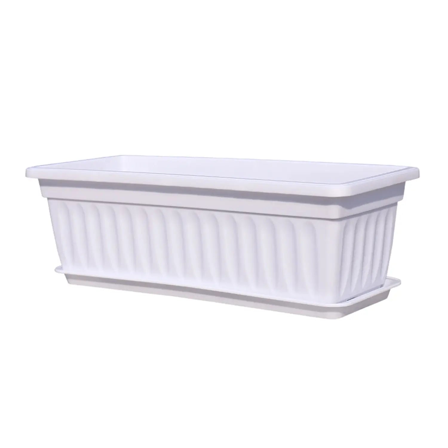 Maceta rectangular de plástico blanco para semillas, con acanalados verticales y bandeja a juego en la descripción del producto para uso de jardinería