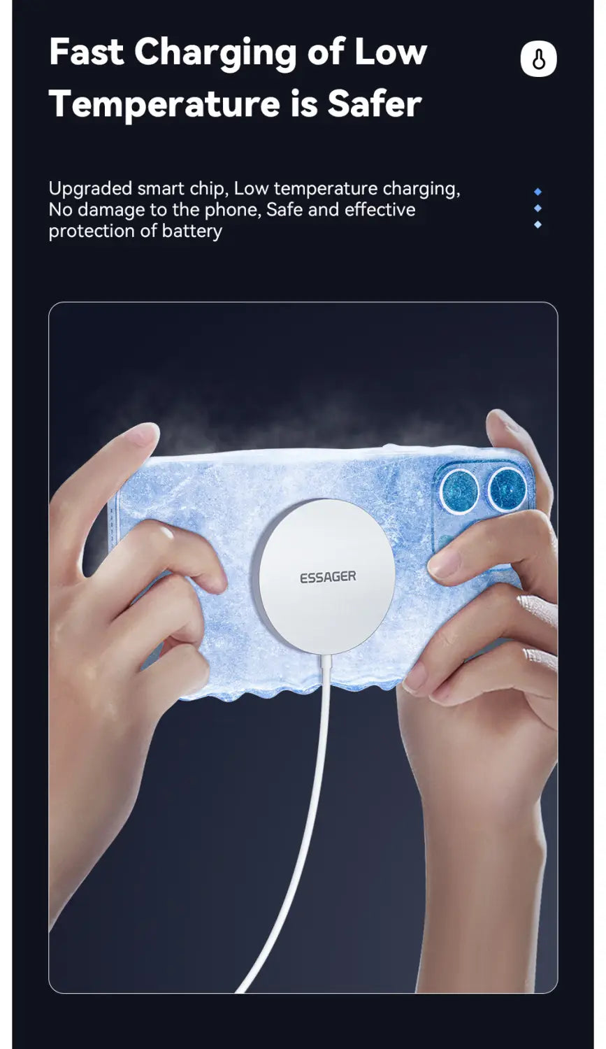 a white circular magnetic wireless fast charging pad attached to the back of an icy-blue phone case for wireless charging on iphone