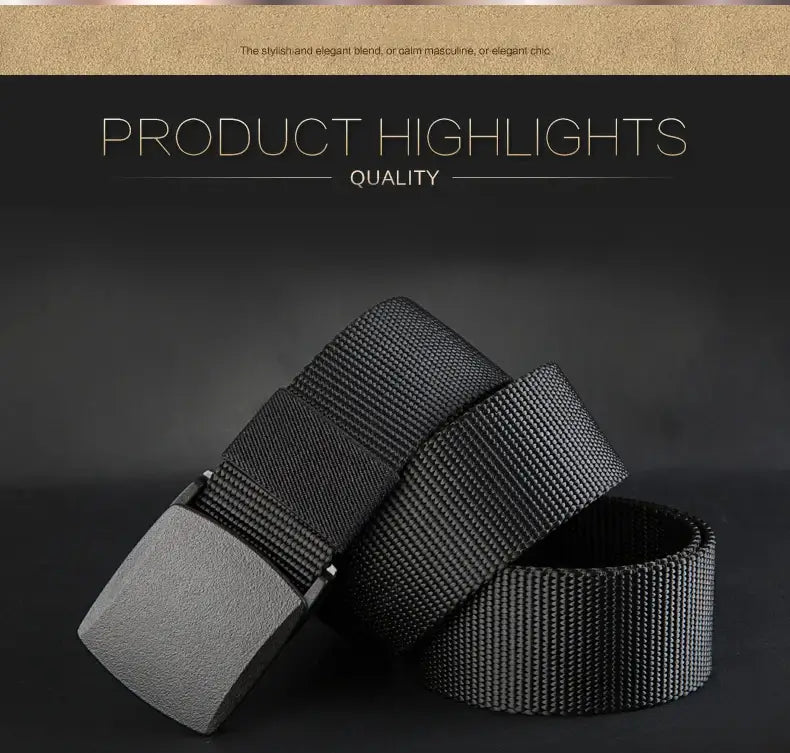 Black tactical nylon belt with a matte gray rectangular buckle for men outdoor use.