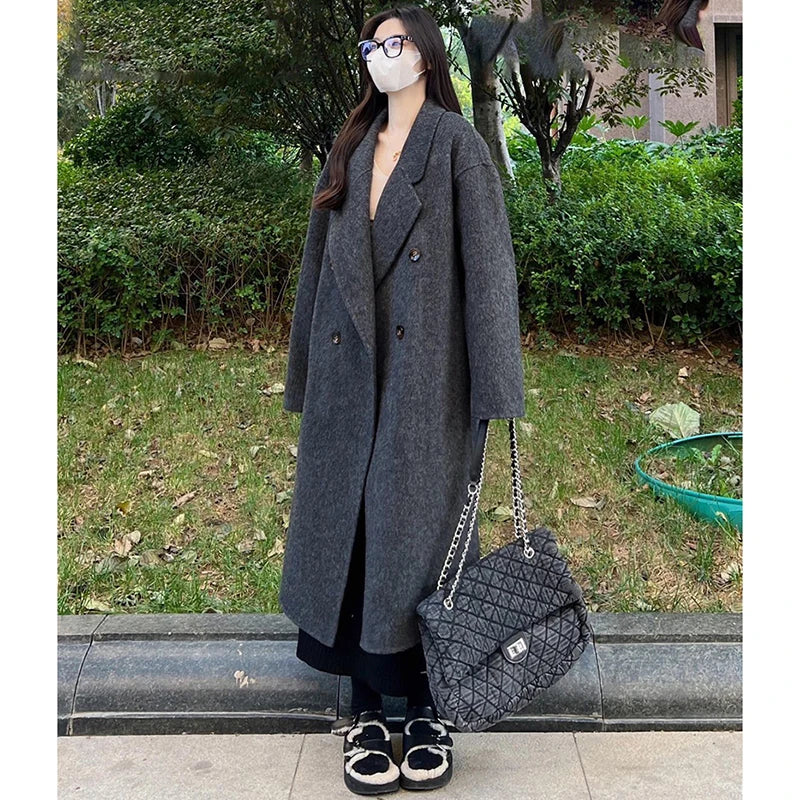 Cozy Wool Blend Women Coat Mid Length Double Breasted Lapel Longline Oversized Classic Timeless Warm Winter Outerwear Top
