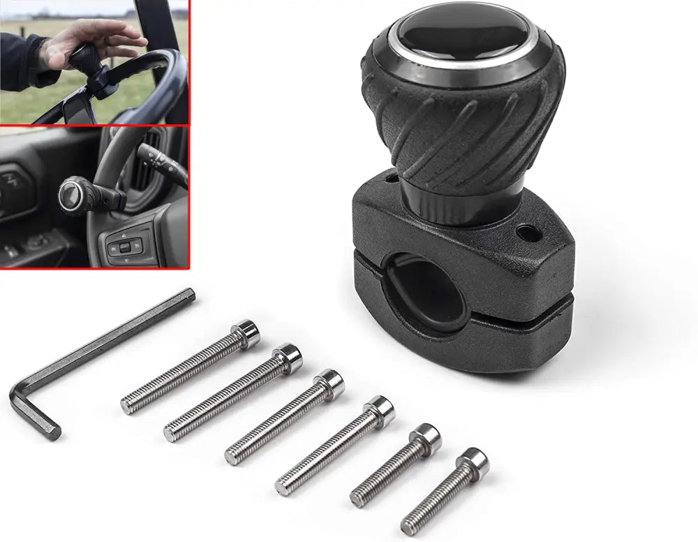 Perilla giratoria para volante negra con empuñadura ergonómica de superficie texturizada, anillo metálico plateado, soporte de montaje a juego, tornillos de ferretería y llave allen para la instalación.