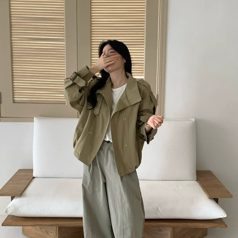 Women's Loose Short Trench Coat Solid Stand Collar Double Breasted Cropped Windbreaker 2026 New Autumn Casual Lady Trench Coats