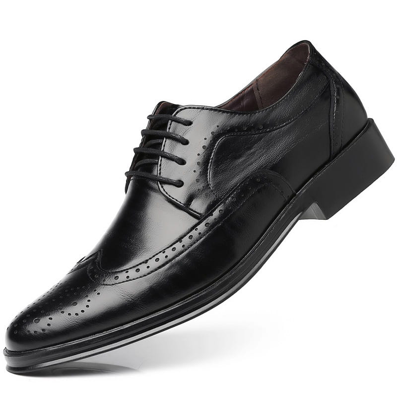Black leather lace-up oxford shoe with brogue detailing for men dress shoes displaying the front and side view.