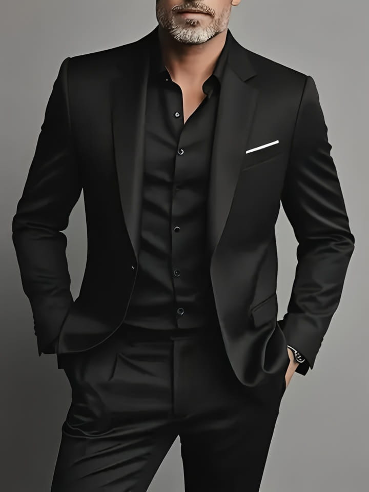 Herren schwarzer Slim-Fit-Anzug einreihiger Smoking mit einem eleganten glänzenden Finish und dezentem weißen Einstecktuch, ein Knopfverschlussart