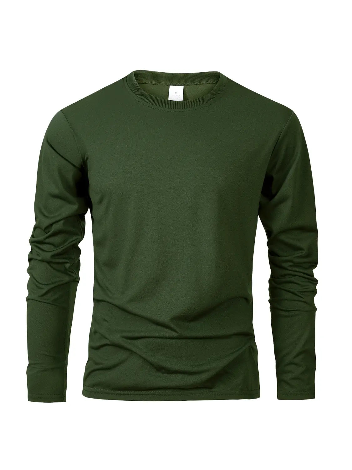 T-shirt à manches longues col rond à évacuation de l’humidité pour hommes, vert olive, en tissu lisse, léger.