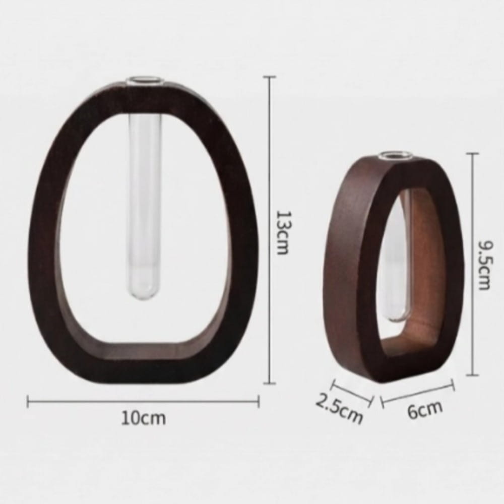 Dark brown wooden oval-shaped vase with a clear glass tube insert designed as a desktop hydroponic planter.