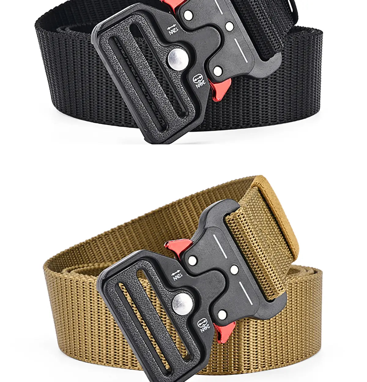 Tactical polyester belt unisex outdoor utility strap in black and tan with black plastic buckles featuring red accents.