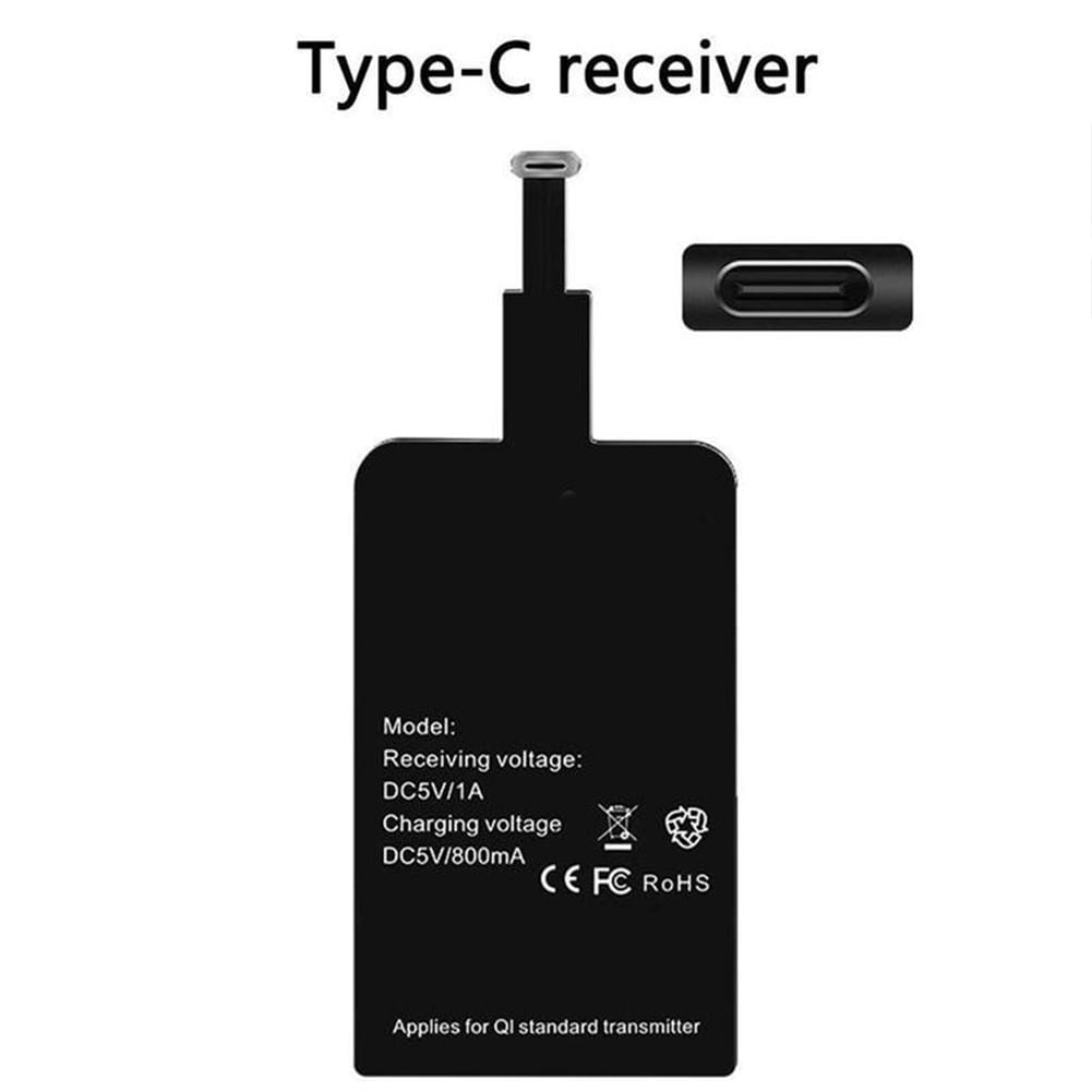 Black rectangular type c wireless charging receiver with a metallic connector and printed specifications for wireless charging on type c android phones