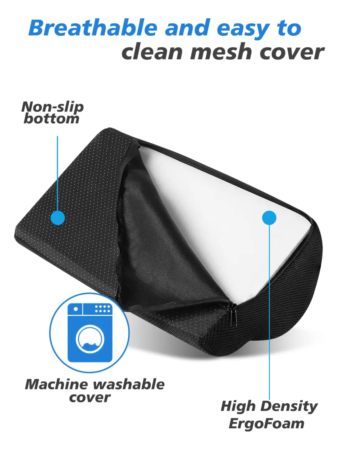 Ergonomic black mesh-covered footrest pillow with white high-density egofoam insert featuring lumbar support and led lighting.