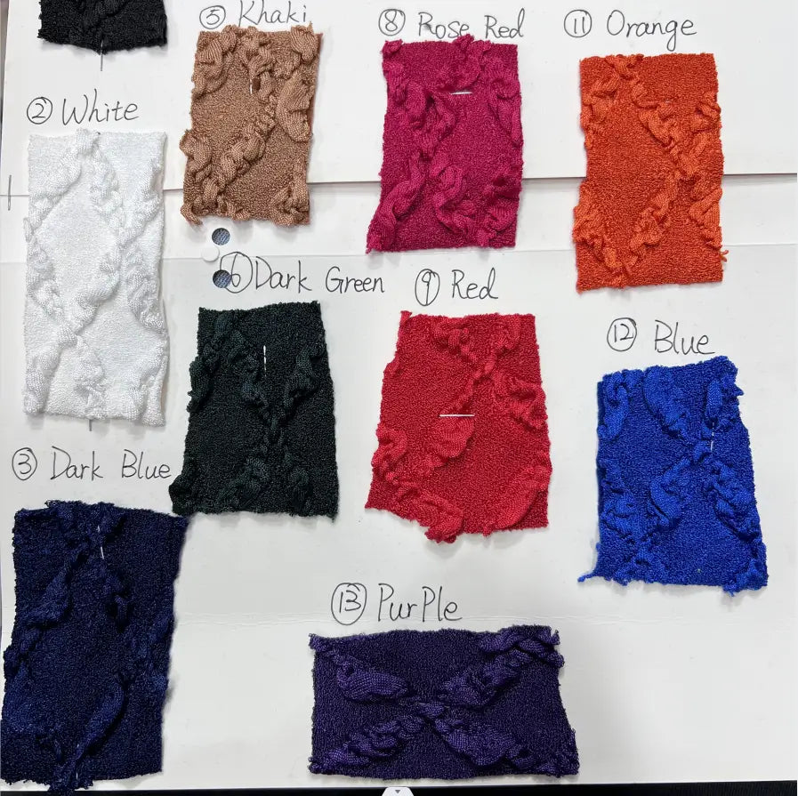 Textured fabric swatches in white, khaki, rose red, orange, dark green, red, blue, and purple for a high waist knit midi skirt with slim fit design.