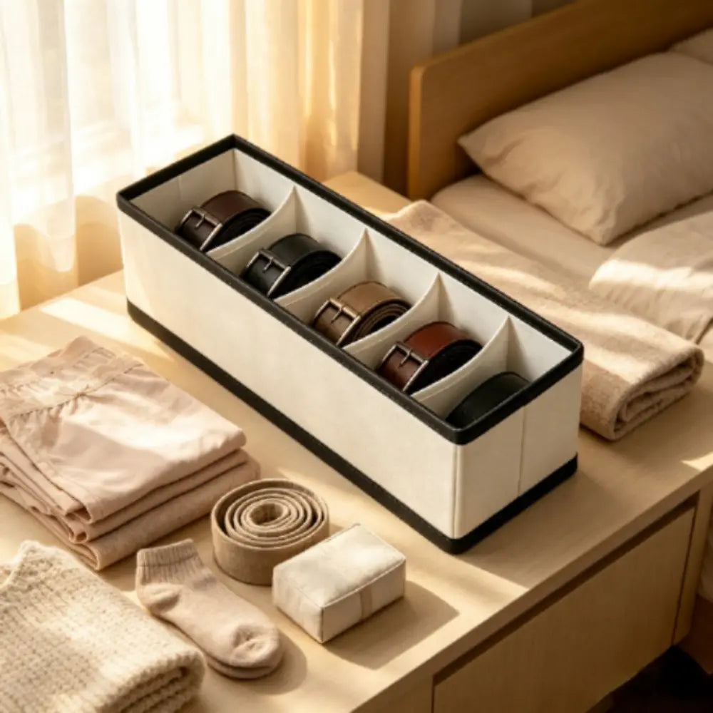 White rectangular fabric drawer organizer with black trim featuring four compartments holding various leather belts for underwear and socks storage.