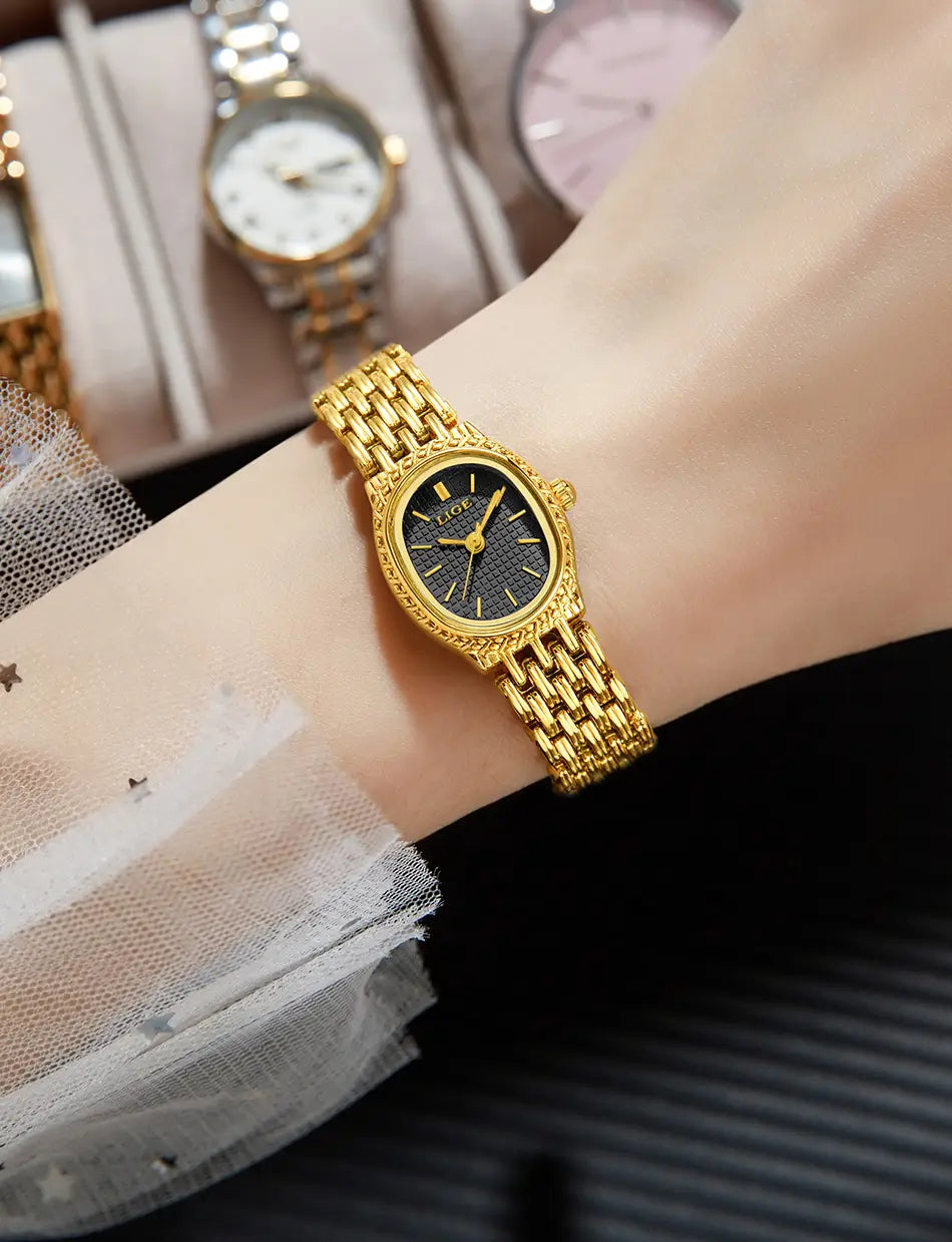 Lige women gold quartz watch featuring a gold-toned rectangular case with an ornate bezel and a dark blue textured dial with gold hands.