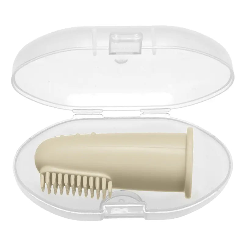 Beige Silikon-Babysfingernzahnbürste, BPA-frei, in einer transparenten Kunststoffbox gebettet.