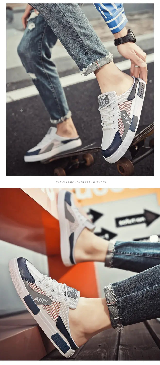 Baskets de marche décontractées pour hommes en mesh respirant blanc et bleu marine, avec une semelle blanche massive et un logo « air » sur le côté, conçues pour un port décontracté de chaussures plates.