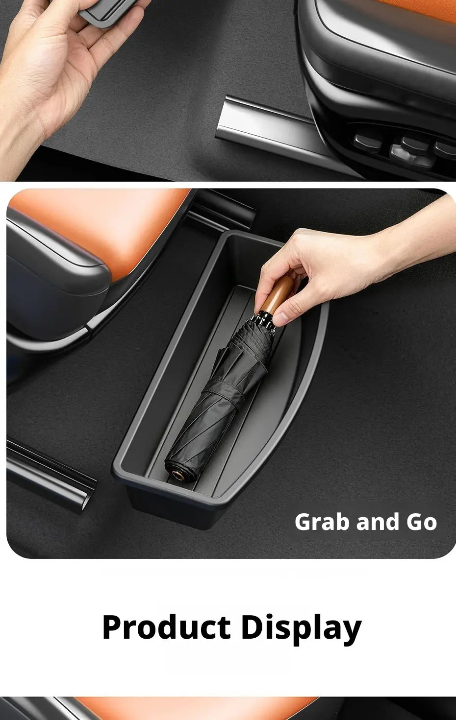 Black plastic under seat car storage organizer box with a curved shallow tray design.