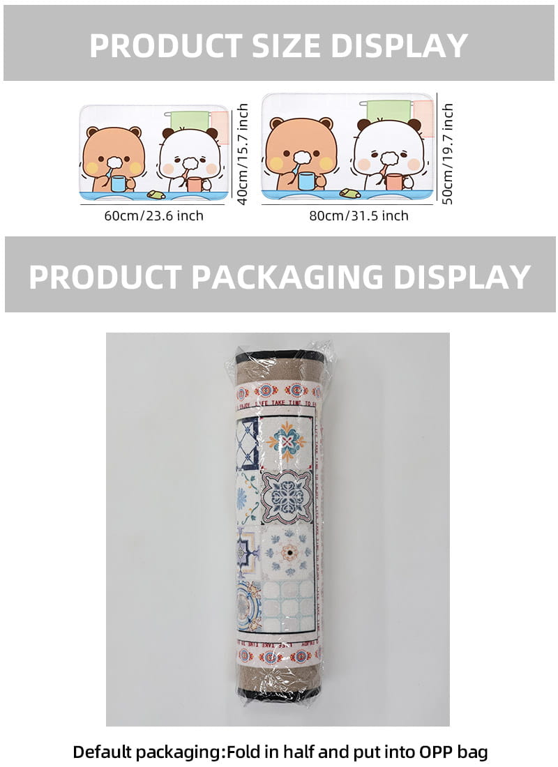 Tapis de bain antidérapant bubu dudu, mignon dessin animé, enroulé, avec des motifs géométriques et floraux complexes dans des tons atténués, emballé dans un film plastique transparent.
