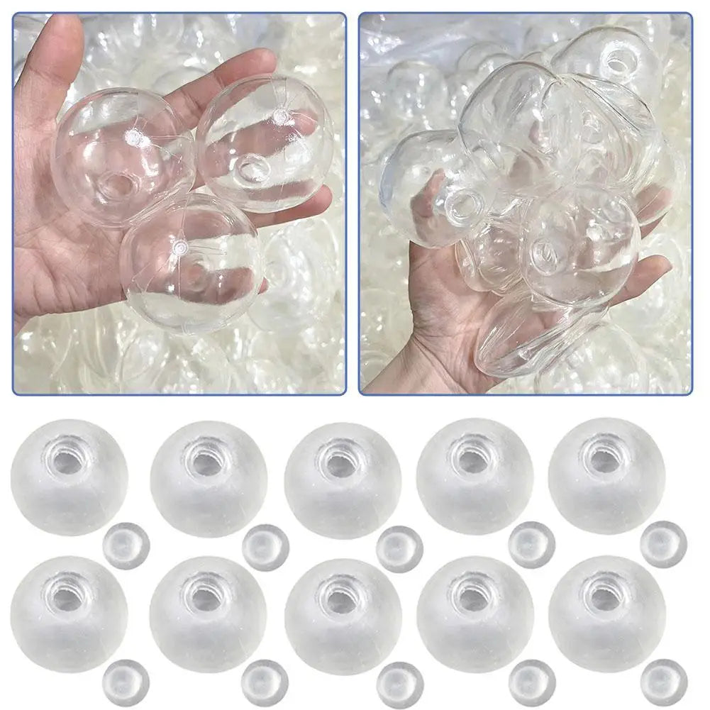 Des perles sphériques en plastique transparent, avec un trou central, de tailles variées, pour le jouet antistress sensoriel fait main en forme de balle molle.