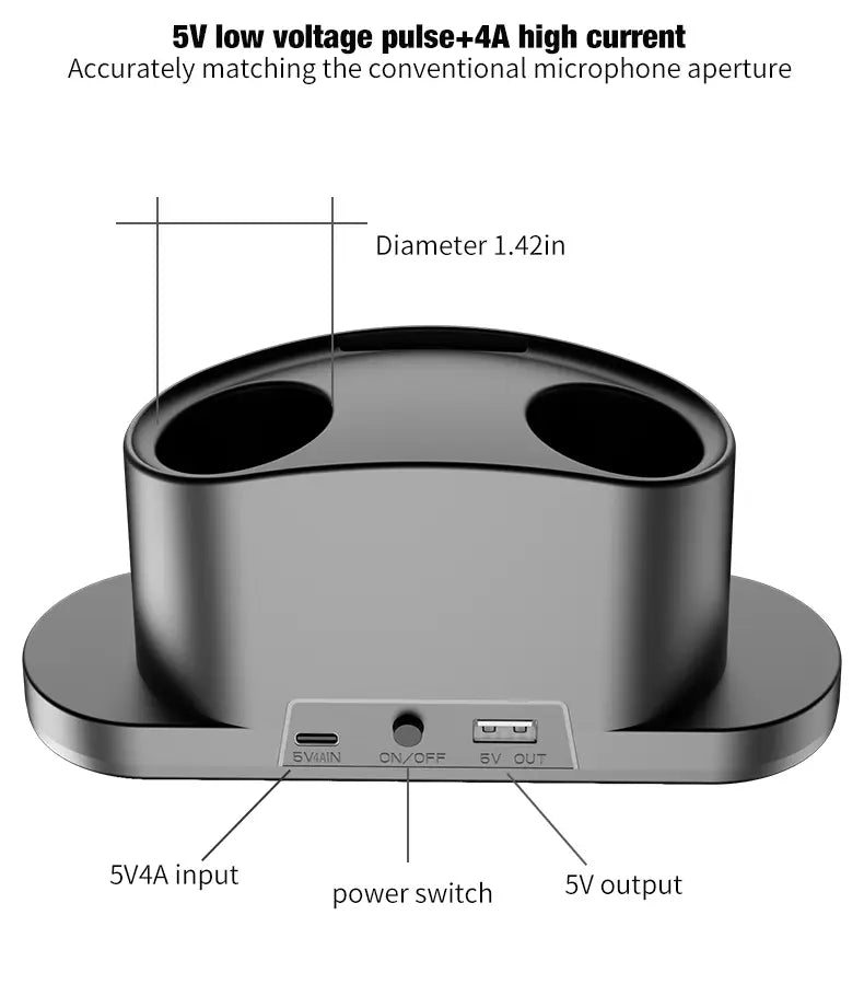 Station de charge double sans fil pour microphone de karaoké en métal argenté, avec double port, offrant une impulsion de faible tension 5 V et une sortie de fort courant 4 A, dans un design ovale élégant, pour les dispositifs compatibles avec les microphones.