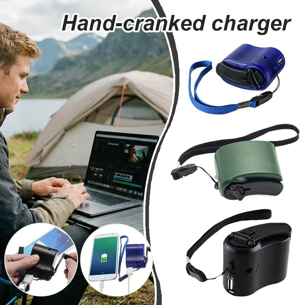 USBポートとランヤード付きの青色の手回し式緊急電話充電器（屋外での使用を想定し、携帯電話のバッテリーに給電するよう設計）。