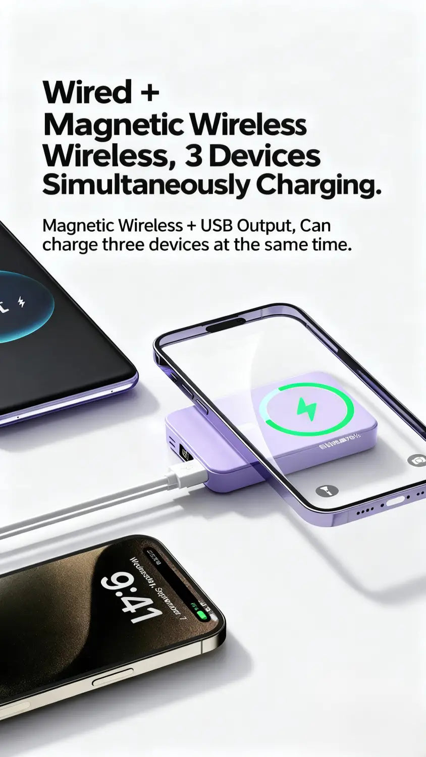 Lila magnetische kabellose Ladegerät-Powerbank mit Ständer mit USB-Ausgang zum schnellen Laden und gleichzeitigen Laden von drei Geräten