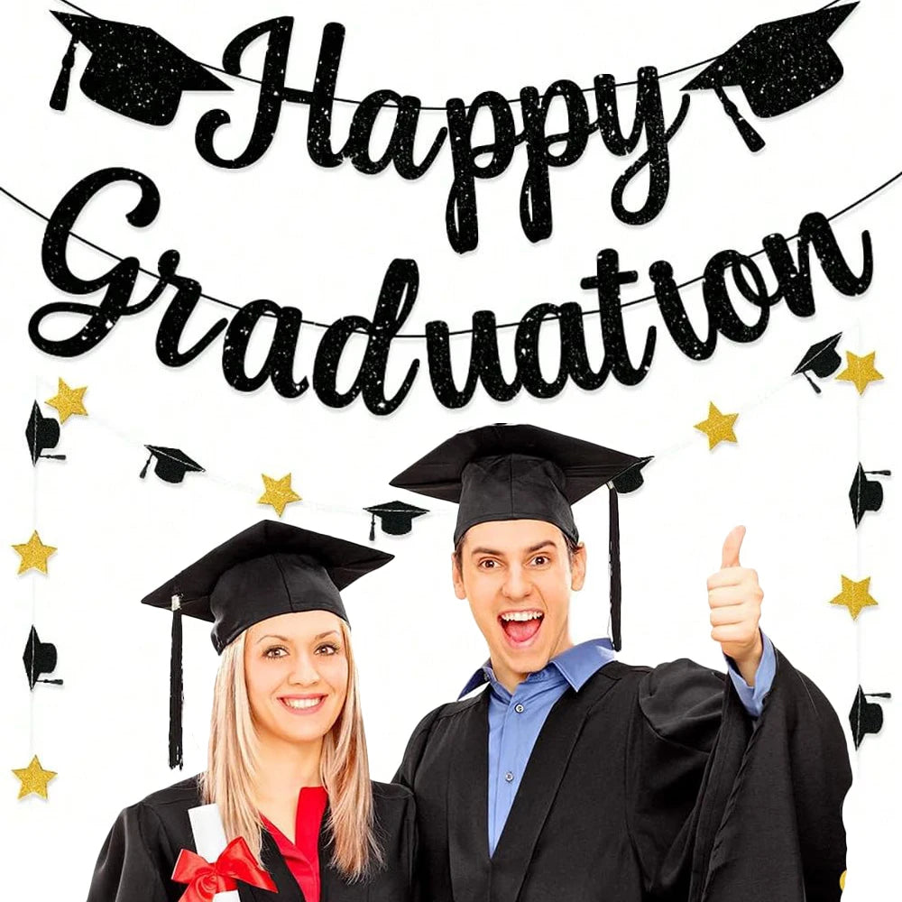 Happy Graduation Banner Black Gold Glitter with Grad Caps Decoration for Graduation Party Supplies