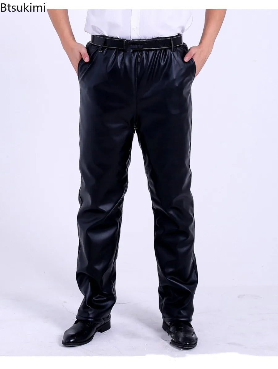 New Men's Leather Pants Business Casual PU Leather Trousers Autumn Winter Outdoor Thicken Warm Windproof Motorcycle Riding Pants