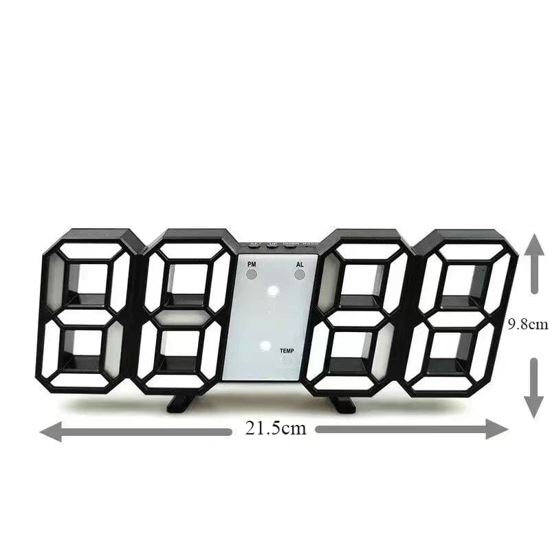 Schwarze 3D-LED-Uhr-Dekoration mit beleuchteten Ziffern und silbernem Bedienfeld, einschließlich Leuchtnachtmodus, ausgelegt als einstellbare elektronische Uhr.