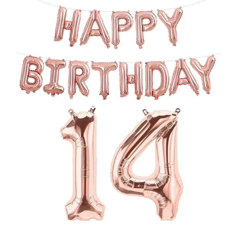 Bannière de ballons en feuille or rose avec « Joyeux anniversaire » et le numéro 14 dans un ensemble de ballons or rose numérotés, conçu pour les célébrations d’anniversaire.
